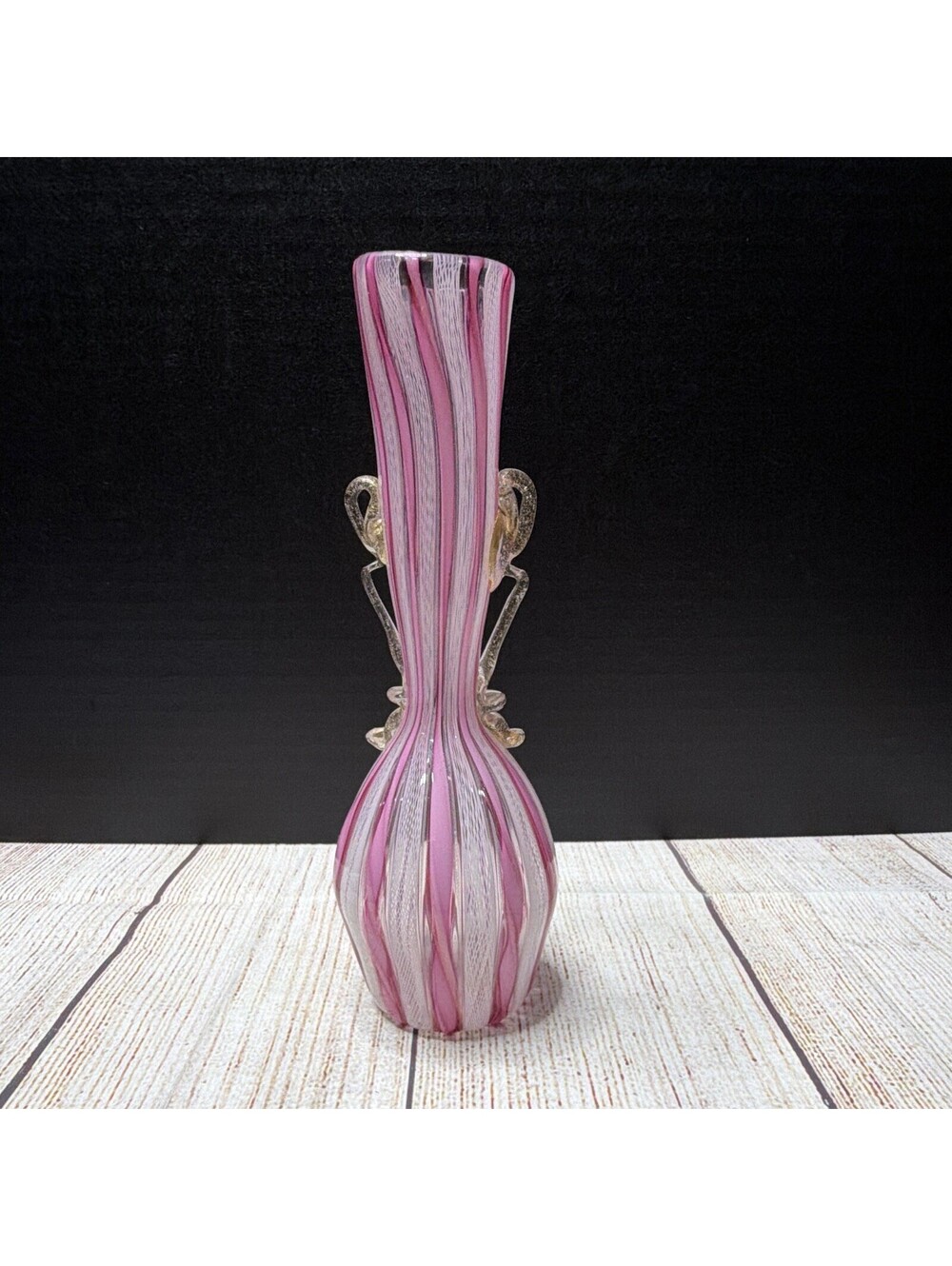 Pink White Swirl Art Glass Vase With Clear Applied Handles 9 in Tall Decorative